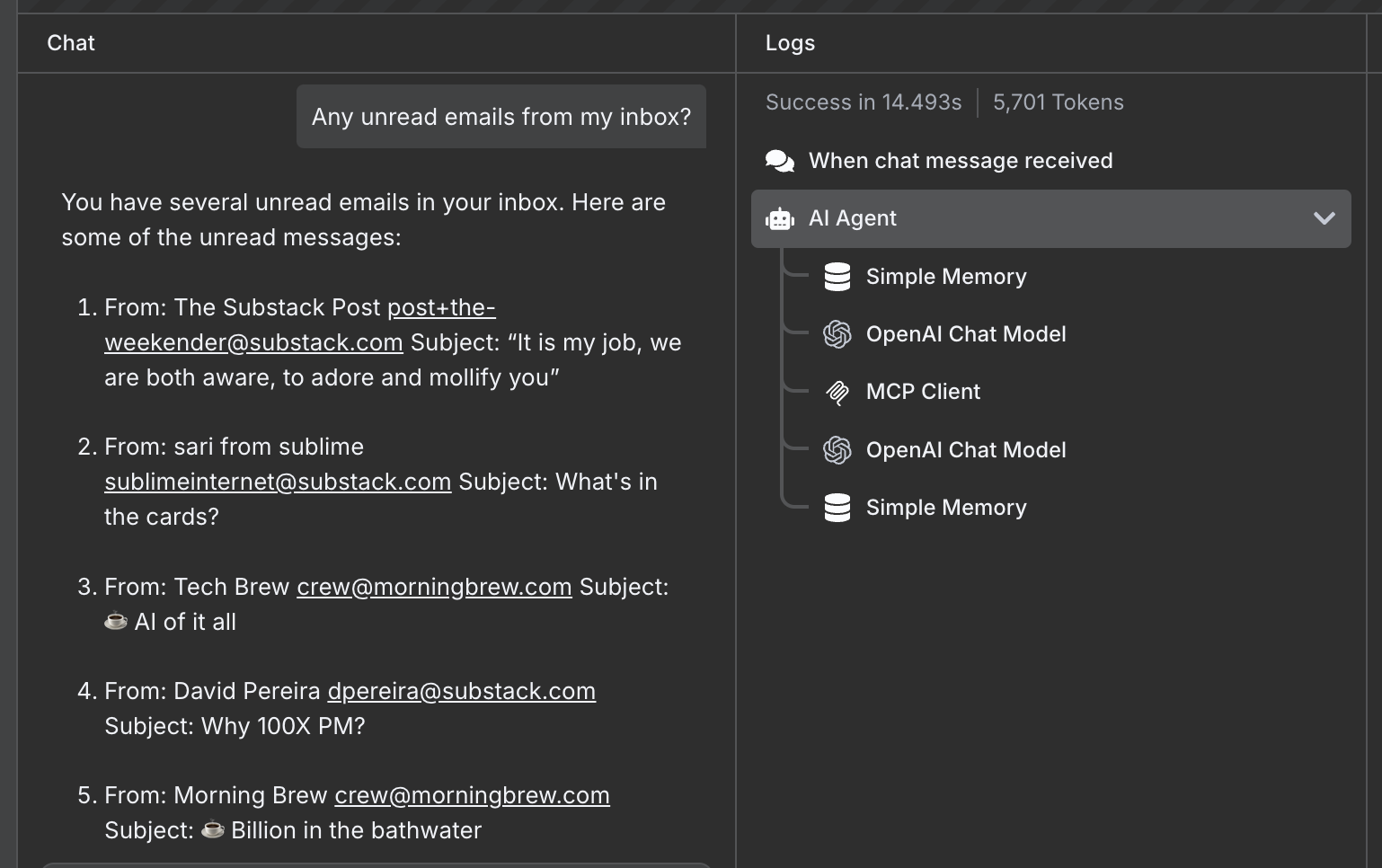 Example of getting unread emails via Gmail MCP server